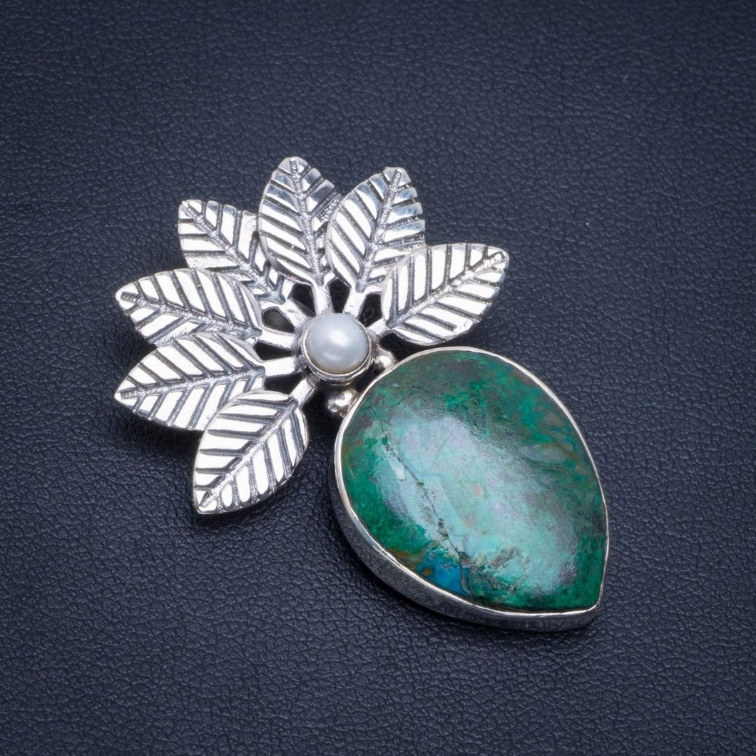 Natural Chrysocolla and River Pearl Handmade Leaf 925 Sterling Silver Pendant 1.5