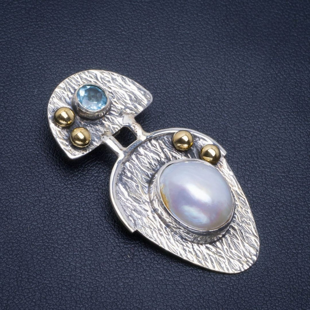 Natural Two Tones Biwa Pearl and Blue Topaz Handmade Unique 925 Sterling Silver Pendant 1.75