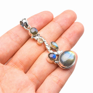 Natural Blue Fire Labradorite And Citrine Handmade 925 Sterling Silver Pendant 2.25" D2474