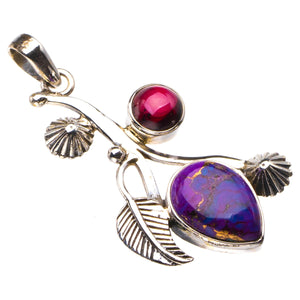 Copper Turquoise And Amethyst Leaf Handmade 925 Sterling Silver Pendant 1.75" D2594