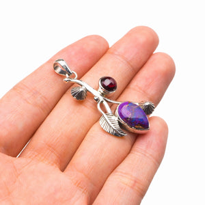 Copper Turquoise And Amethyst Leaf Handmade 925 Sterling Silver Pendant 1.75" D2594
