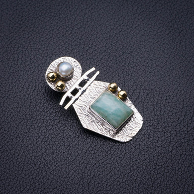 Natural Two Tones Amazonite And River Pearl Handmade 925 Sterling Silver Pendant 1.5