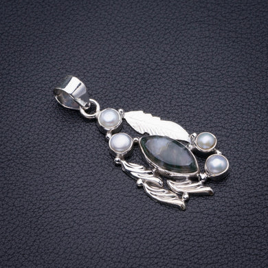 Natural Moss Agate And River Pearl And Feather Handmade 925 Sterling Silver Pendant 2