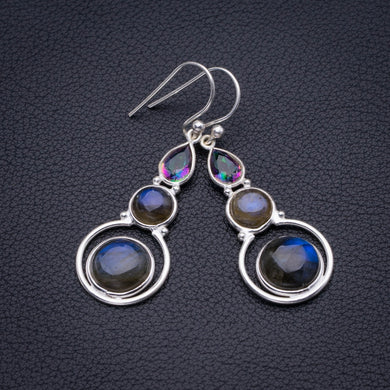 Natural Blue Fire Labradorite And Mystical Topaz Handmade 925 Sterling Silver Earrings 1.75