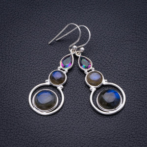 Natural Blue Fire Labradorite And Mystical Topaz Handmade 925 Sterling Silver Earrings 1.75" D3298