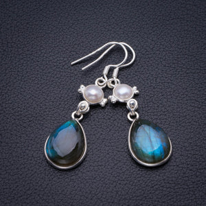 Natural Blue Fire Labradorite And River Pearl Handmade 925 Sterling Silver Earrings 2" D3281