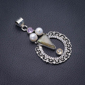 Blue Fire Labradorite,River Pearl,Amethyst And Citrine Handmade 925 Sterling Silver Pendant 2.25" D2271