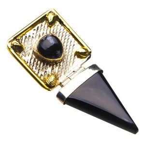 Natural Two Tones 18K Gold Plated Black Onyx And Snow Snowflake Obsidian Handmade 925 Sterling Silver Pendant 2" D1962