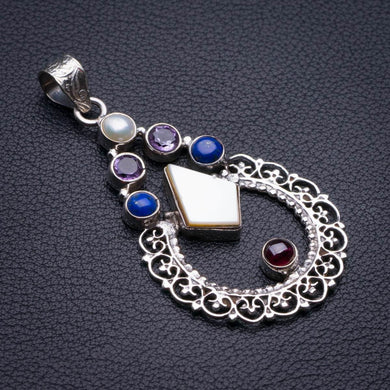 Mother Pearl,Lapis Lazuli And Amethyst Handmade 925 Sterling Silver Pendant 2.25