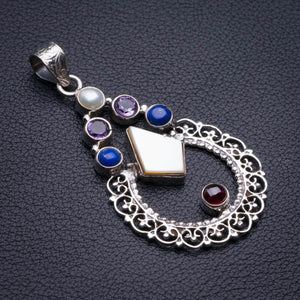 Mother Pearl,Lapis Lazuli And Amethyst Handmade 925 Sterling Silver Pendant 2.25" D1956