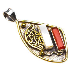Natural Two Tones 18K Gold Plated Carnelian And Mother Pearl Handmade 925 Sterling Silver Pendant 2" D1882