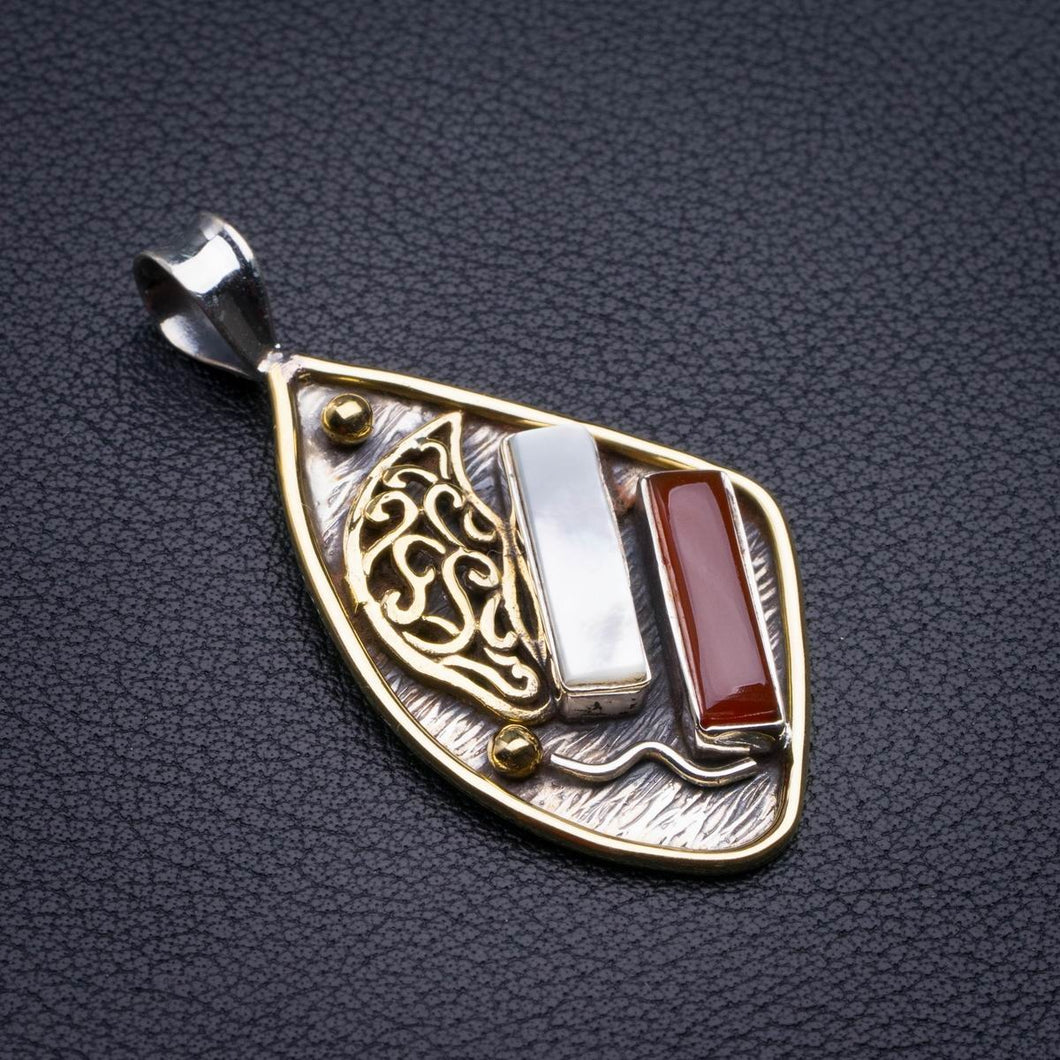 Natural Two Tones 18K Gold Plated Carnelian And Mother Pearl Handmade 925 Sterling Silver Pendant 2
