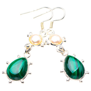 StarGems Natural Malachite And River Pearl Handmade 925 Sterling Silver Earrings 2" D3884