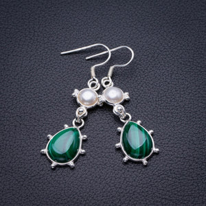 StarGems Natural Malachite And River Pearl Handmade 925 Sterling Silver Earrings 2" D3884