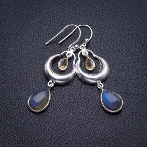StarGems Natural Blue Fire Labradorite And Citrine Handmade 925 Sterling Silver Earrings 2" D3947