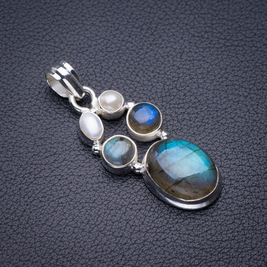 StarGems Natural Blue Fire Labradorite And River Pearl Handmade 925 Sterling Silver Pendant 1.75