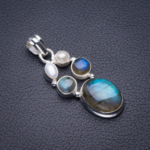 StarGems Natural Blue Fire Labradorite And River Pearl Handmade 925 Sterling Silver Pendant 1.75" D5328