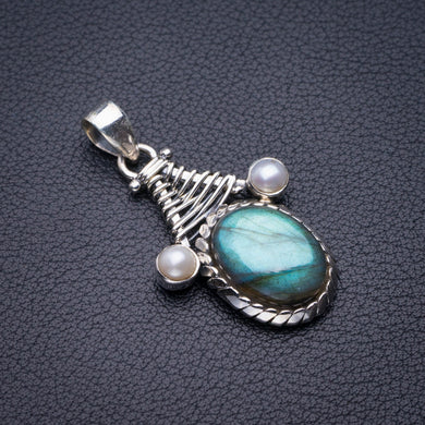 StarGems Natural Blue Fire Labradorite And River Pearl Handmade 925 Sterling Silver Pendant 1.5