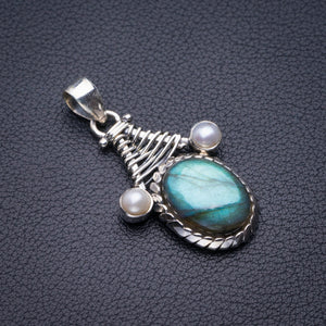StarGems Natural Blue Fire Labradorite And River Pearl Handmade 925 Sterling Silver Pendant 1.5" D5326
