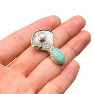 StarGems Natural Two Otnes Amazonite And River Pearl Handmade 925 Sterling Silver Pendant 1.25" D5830