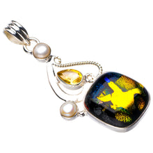 StarGems Natural Rainbow Dichroic Glass,Citrine And River Pearl Handmade 925 Sterling Silver Pendant 2" D6481