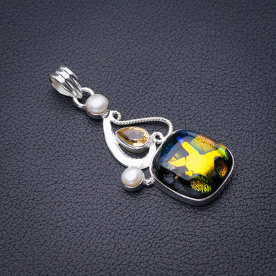 StarGems Natural Rainbow Dichroic Glass,Citrine And River Pearl Handmade 925 Sterling Silver Pendant 2