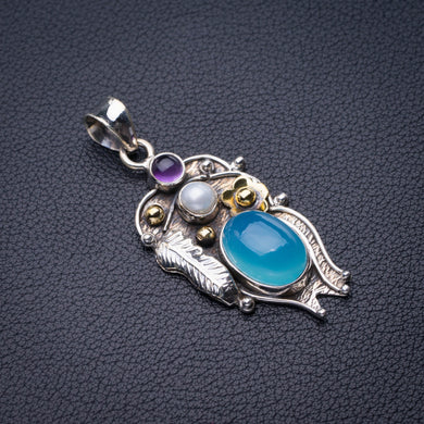 StarGems Two Tones Chalcedony,Amethyst And River Pearl Feather Handmade 925 Sterling Silver Pendant 2