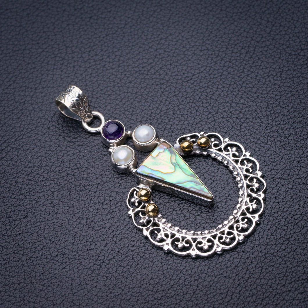 StarGems Two Tones Abalone Shell,River Pearl And Amethyst Handmade 925 Sterling Silver Pendant 2