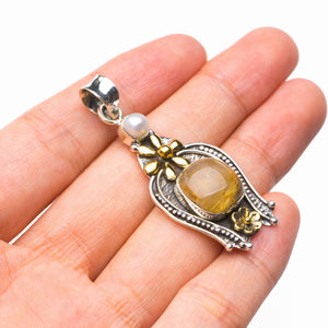 StarGems Natural Two Tones Golden Rutile And River Pearl Flower Handmade 925 Sterling Silver Pendant 2" D6352