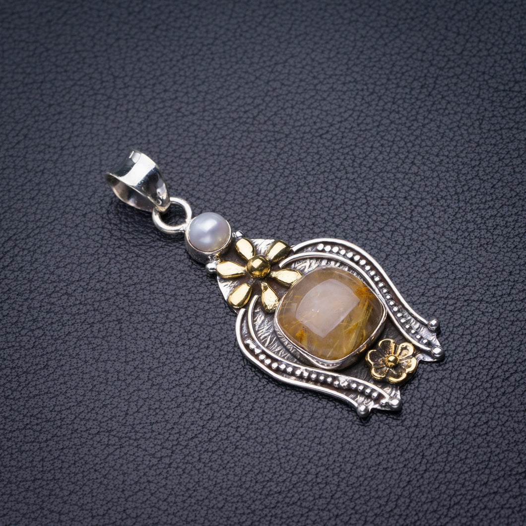 StarGems Natural Two Tones Golden Rutile And River Pearl Flower Handmade 925 Sterling Silver Pendant 2