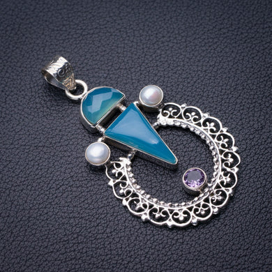 StarGems Chalcedony,Amethyst And River Pearl Handmade 925 Sterling Silver Pendant 2.25