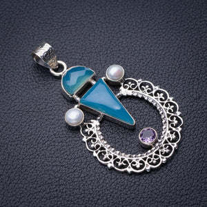 StarGems Chalcedony,Amethyst And River Pearl Handmade 925 Sterling Silver Pendant 2.25" D6260