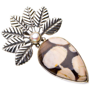 StarGems Natural Penut Wood Jasper And River Pearl Leaf Handmade 925 Sterling Silver Pendant 1.75" D6247