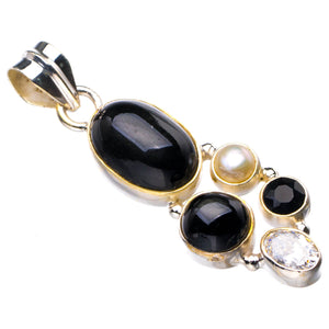 StarGems Natural Cat Eye,Zircon And River Pearl Handmade 925 Sterling Silver Pendant 1.75" D6205