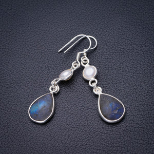 StarGems Natural Blue Fire Labradorite And River Pearl Handmade 925 Sterling Silver Earrings 1.75" D6586