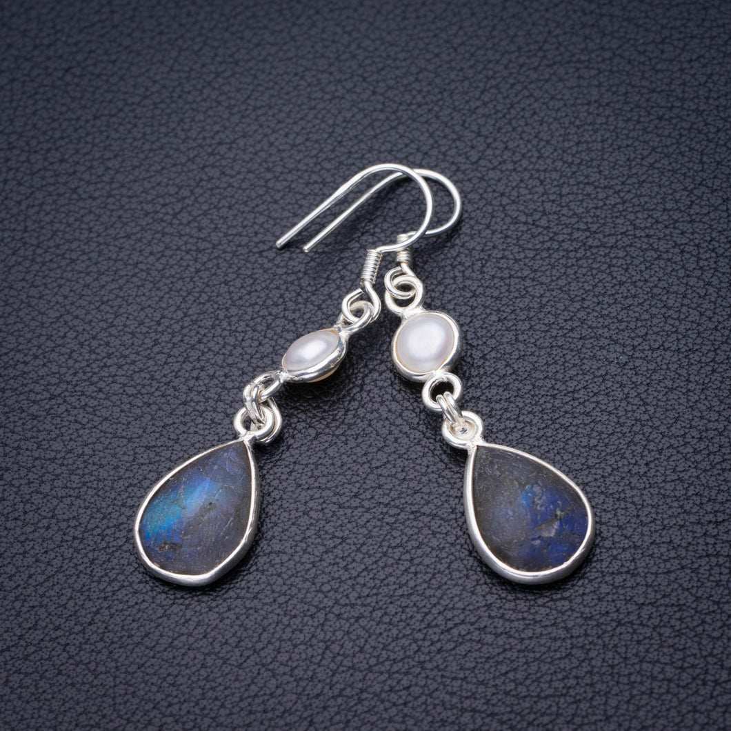 StarGems Natural Blue Fire Labradorite And River Pearl Handmade 925 Sterling Silver Earrings 1.75