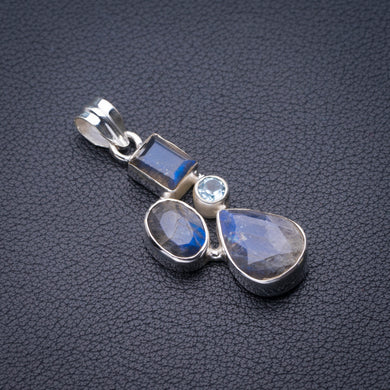 StarGems Natural Blue Fire Labradorite And Blue Topaz Handmade 925 Sterling Silver Pendant 1.75