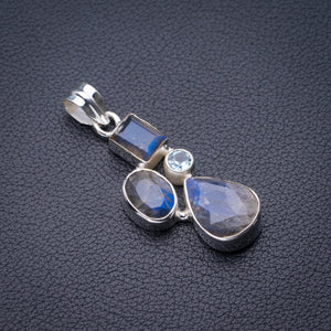StarGems Natural Blue Fire Labradorite And Blue Topaz Handmade 925 Sterling Silver Pendant 1.75" D9894