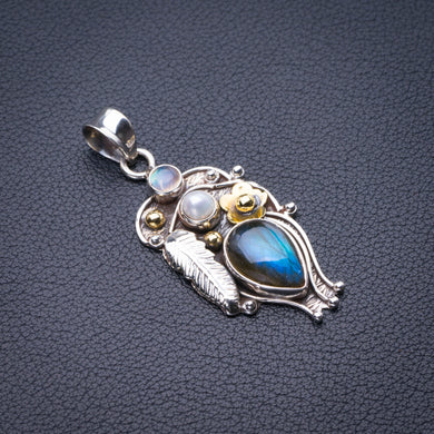 StarGems Natural Two Tones Blue Fire Labradorite,Mmonstone And River Pearl Feather Flower Handmade 925 Sterling Silver Pendant 2