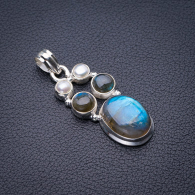 StarGems Natural Blue Fire Labradorite And River Pearl Handmade 925 Sterling Silver Pendant 1.75