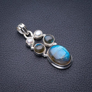 StarGems Natural Blue Fire Labradorite And River Pearl Handmade 925 Sterling Silver Pendant 1.75" D9879