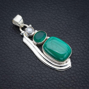 StarGems  Natural Malachite Chrysoprase And River Pearl Handmade 925 Sterling Silver Pendant 1.75" F4113