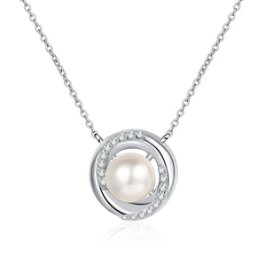 StarGems  8mm River Pearl Hollow-Out Circle 0.18cttw Moissanite 925 Silver Platinum Plated Necklace 40+5cm NX074