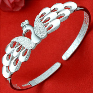 StarGems® Opening Peacock Handmade 999 Sterling Silver Bangle Cuff Bracelet For Women Cb0118