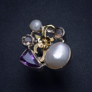 StarGems® Natural Biwa Pearl,Amethyst,Smoky Quartz and River Pearl 925 Sterling Silver Ring, US Size 6 T6676