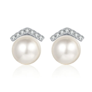 StarGems® 9mm AAAA Pearls 0.11cttw Moissanite 925 Silver Platinum Plated Stud Earrings EX070