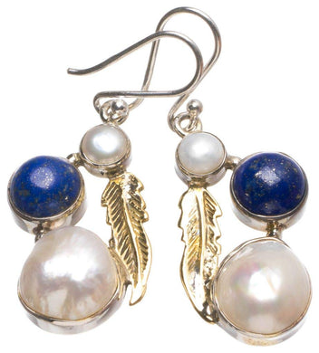 StarGems® Natural Two Tones Biwa Pearl,Lapis Lazuli and River Pearl Leaf Shape 925Sterling Silver Earrings 1 3/4
