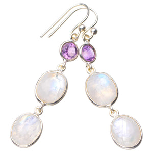 StarGems  Natural Rainbow Moonstone And Amethyst Handmade 925 Sterling Silver Earrings 2" D6521