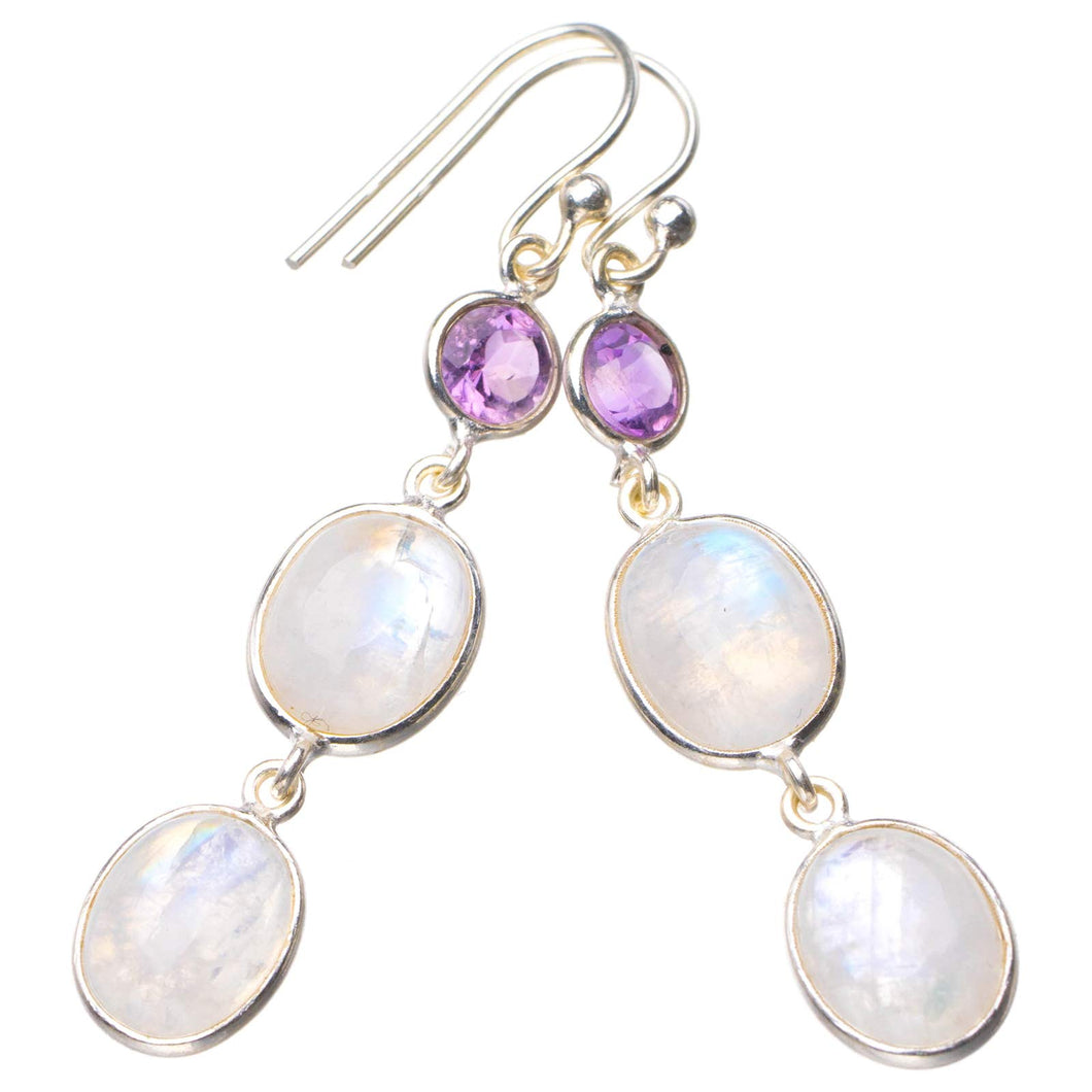 StarGems  Natural Rainbow Moonstone And Amethyst Handmade 925 Sterling Silver Earrings 2