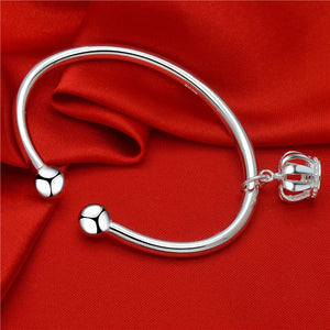StarGems® Opening Crown Double Beads Handmade 999 Sterling Silver Bangle Cuff Bracelet For Women Cb0120